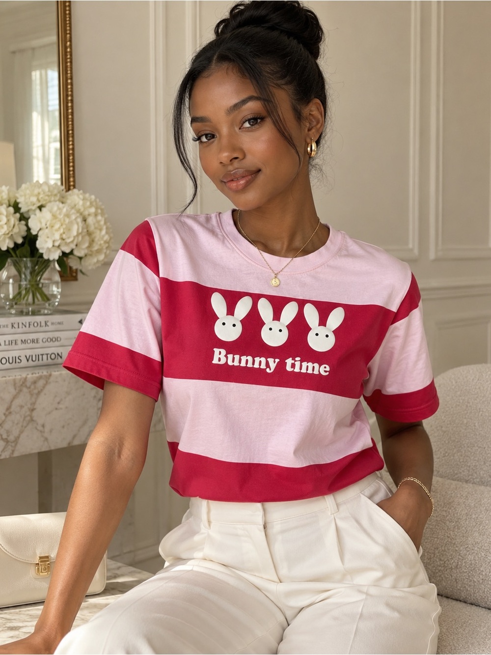 H&M Bunny Time Striped Graphic Tee XS Pink & Red